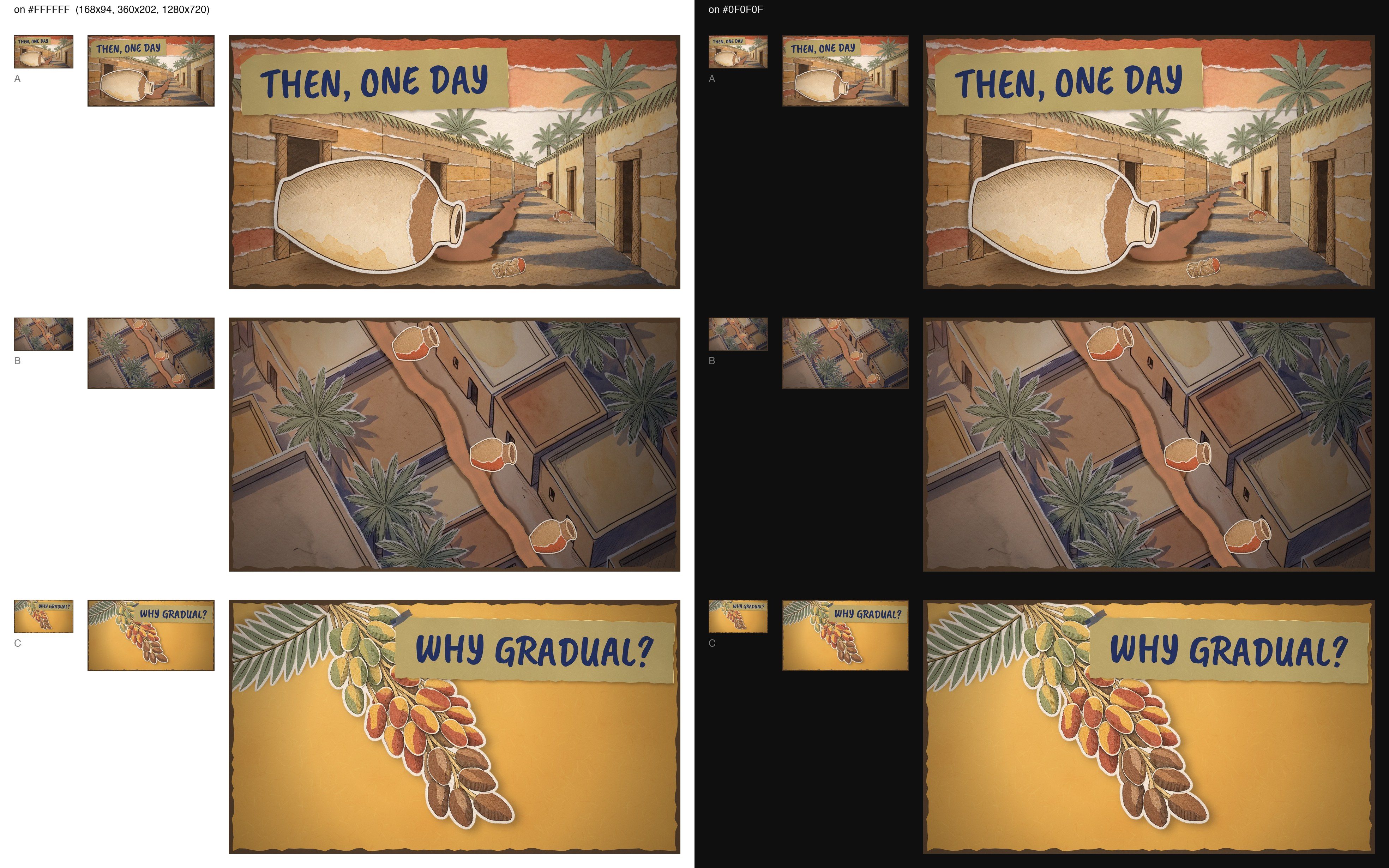 Thumbnails at phone and desktop sizes on white and dark